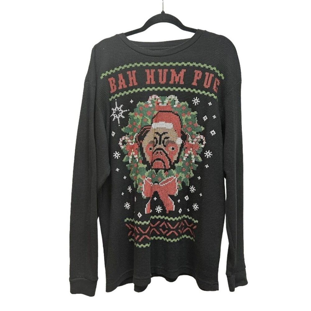 Christmas shirt Mens XL Thermal Black Bah Hum Pug‎ Dog Humbug Long Sleeve